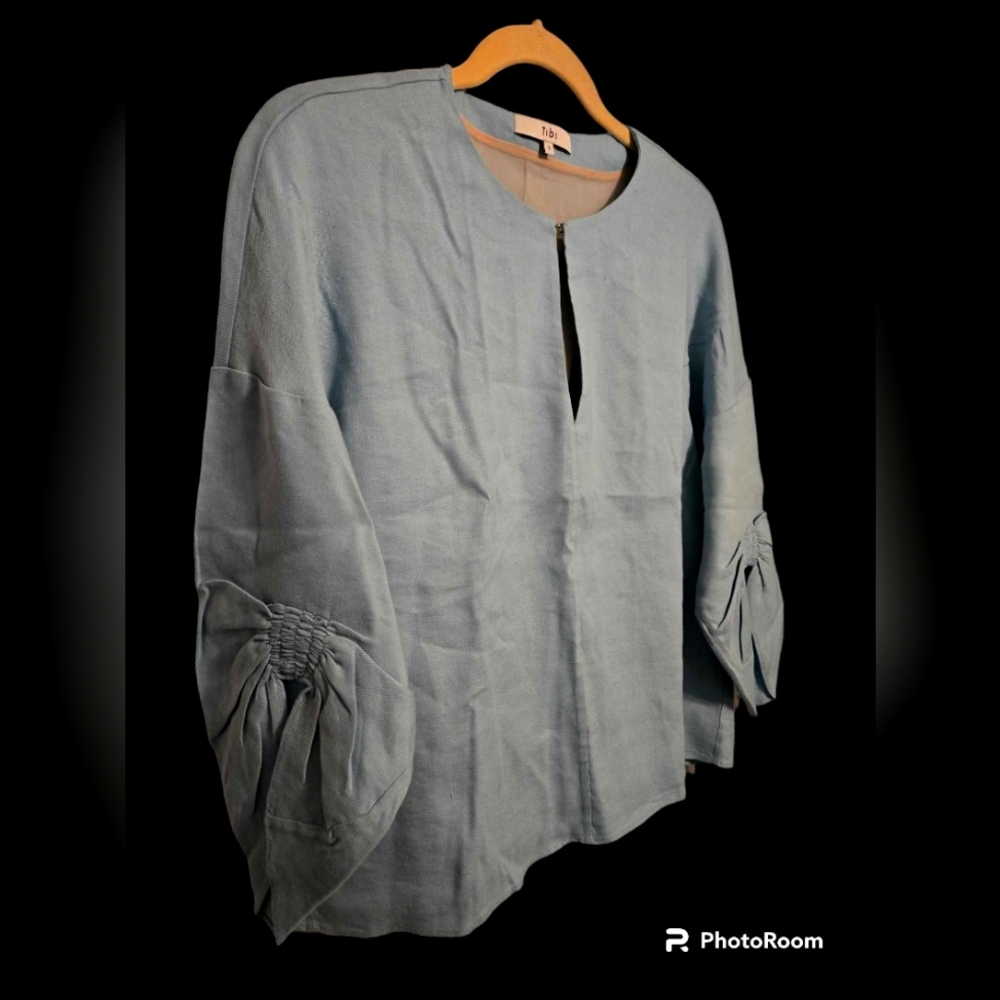 Tibi Pre-Owned Small Blue Blouse. Silk lined Linen.